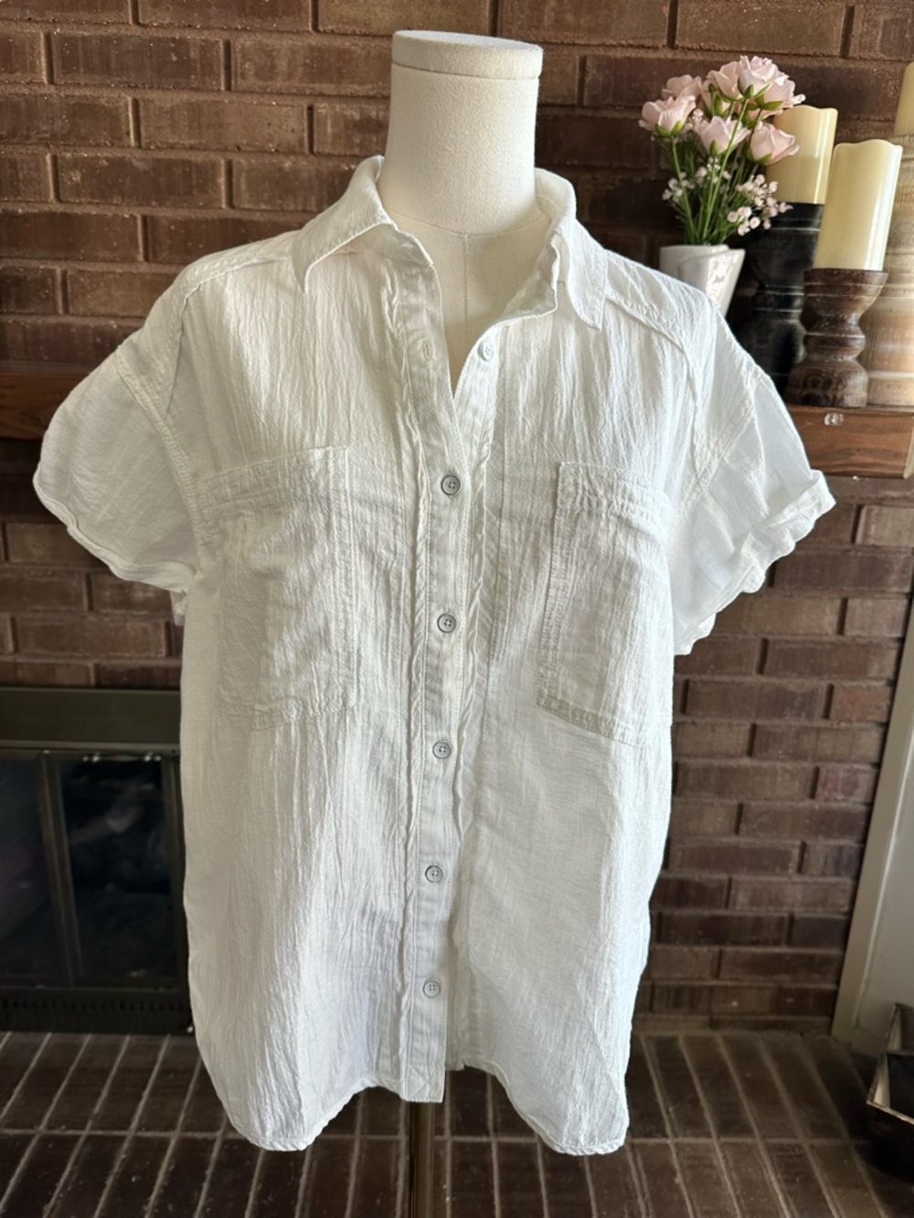 We The Free People White Gauze Cotton Oversized Short Sleeve Button Down Top S